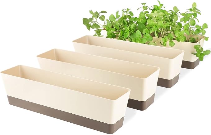 GREANER 4 Pack Window Box Planter, Suream 16x3.8 Inch Indoor Succulent Pots with Tray, Plastic Rectangle Plants, Cactus Containers for Office, Windowsill, Garden Balcony, Porch Outdoor Decoration