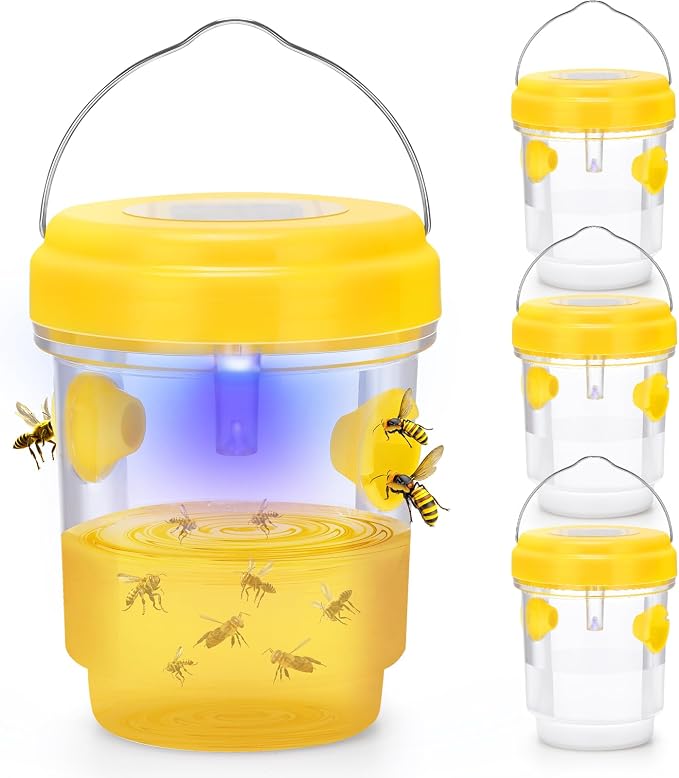 Wasp Trap, Solar Wasp Traps Outdoor Hanging, Reusable Yellow Jacket Hornet Trap with LED Light for Outside Garden, Patio, Orchard, Camping