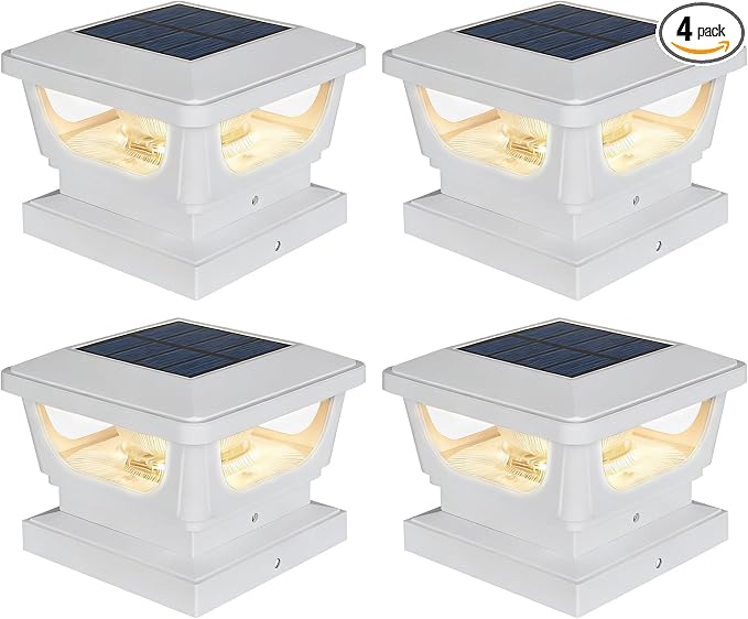 Sumaote Solar Post Caps Lights for 3x3 Metal/Vinyl & 4x4 Wood Posts, IP65 Waterproof, 120 Lumen 3000K Warm White LED Lighting for Garden, Fence, Deck and Mailbox, Dusk-to-Dawn, White Shell (4 Pack)