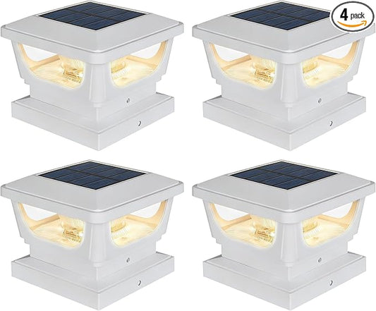 Sumaote Solar Post Caps Lights for 3x3 Metal/Vinyl & 4x4 Wood Posts, IP65 Waterproof, 120 Lumen 3000K Warm White LED Lighting for Garden, Fence, Deck and Mailbox, Dusk-to-Dawn, White Shell (4 Pack)