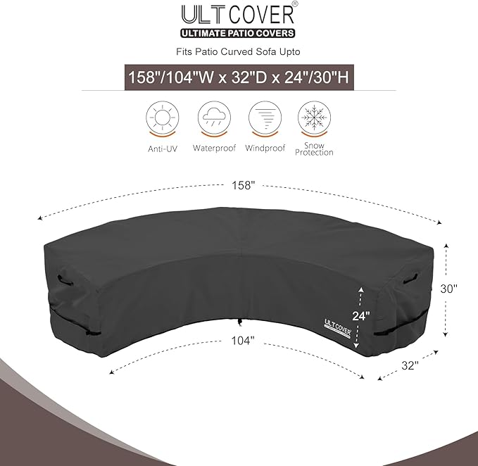 ULTCOVER Patio Curved Sofa Cover Waterproof for 4-6 Seater Outdoor Sectional Furniture Couch 158"(Back Arc Length) / 104"(Front Arc Length) x 32"(Deep), Black