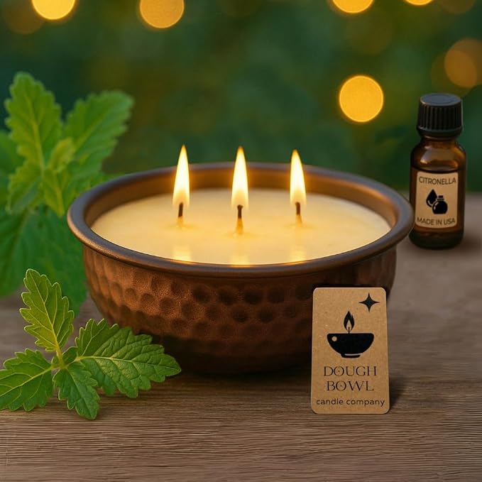 Dough Bowl Candle Co. Citronella Candle - Insect Repellent in Fire Pit Design, 3 Wick Patio Accessories for Glamping, Deck, Patio, Back Yard, Indoor and Outdoor Candles for Summer, 50 Hour Burn Time