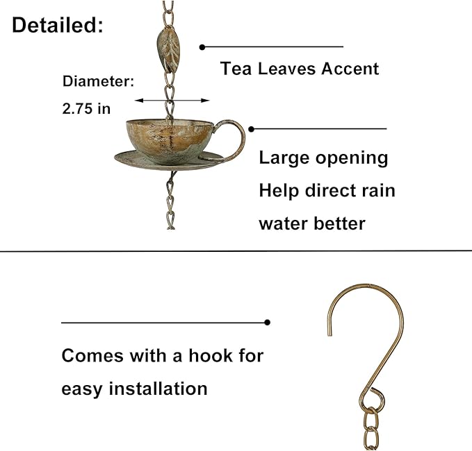Jemeni Teapot & Teacups Rain Chain, 8.5 Ft Copper Patina Rain Chain for Gutters, Decorative Downspout Replacement with Hanging Bell
