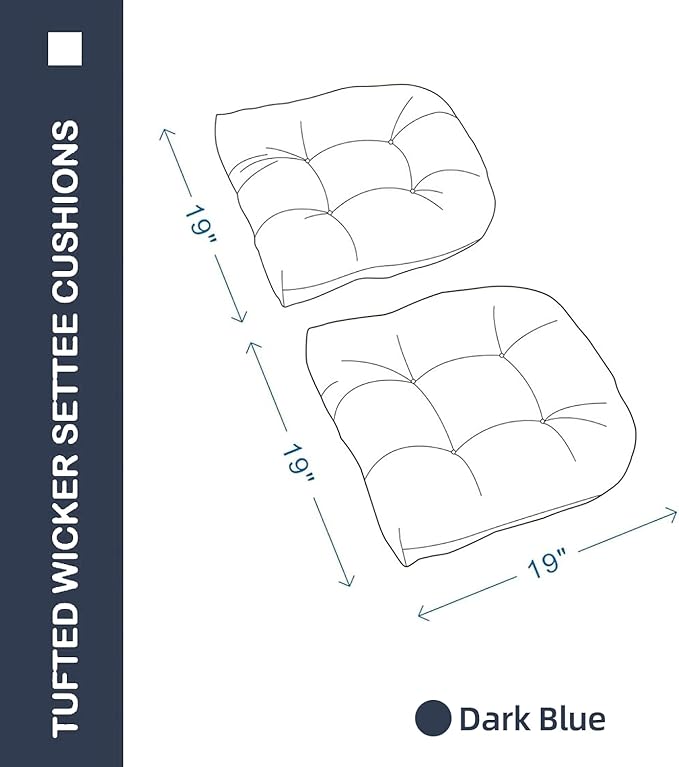 Outdoor Chair Cushions Set of 2, 19x19x4 Inch Seat Pads with Ties for Patio Wicker Chairs Garden Dining Chair, Indoor Outside Use, Fade-Resistant & Waterproof, Dark Blue