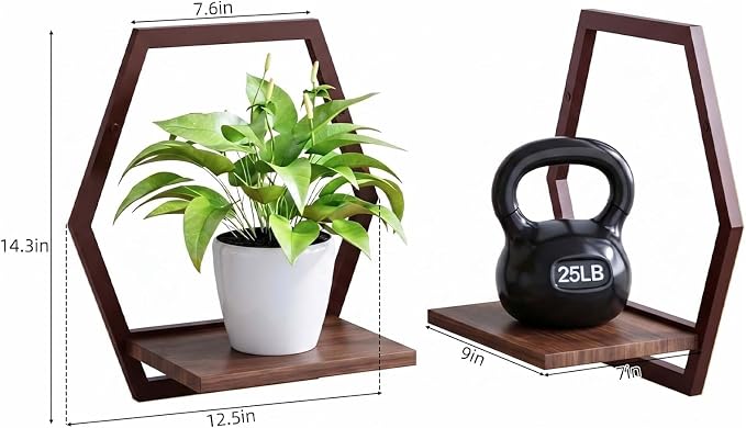 2 Pack Walnut Color Solid Wood & Metal Framework Wall Plant Stands,9 inch Natural Wood Shelf of Indoor,Mid Century Modern Hanging Planter for Outdoor Entryway 25 LB Load for Plants Coffee