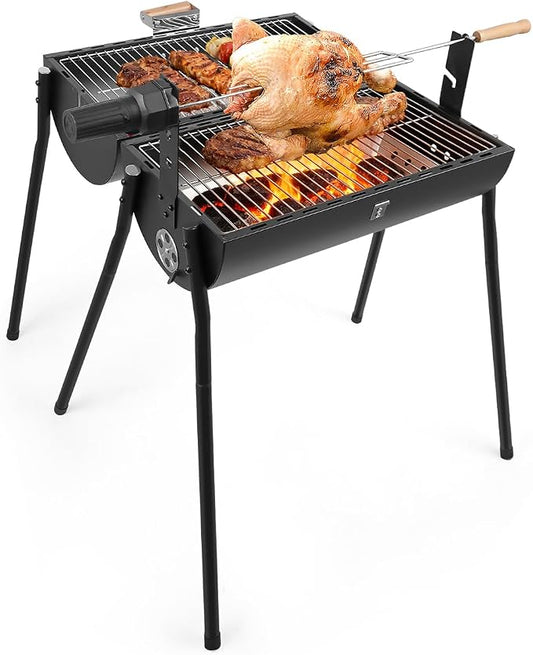 Portable Charcoal Grill with Thermometer - Barrel Charcoal Grills with Central Rotisserie Rack Double-sided Smoker Grill Outdoor BBQ Grill, Perfect for Backyard Camping, Patio Parties and Picnics