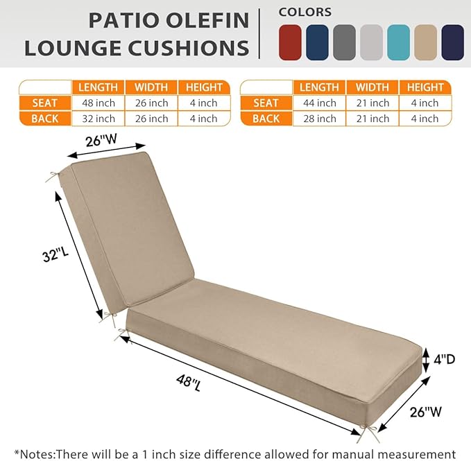 Sundale Outdoor Olefin Chaise Lounge Cushion Set of 2, Water-Resistant Patio Lounge Chair Cushion, Thick Lounger Pad with 4 Straps Khaki, 80 x 26 x 4 Inches
