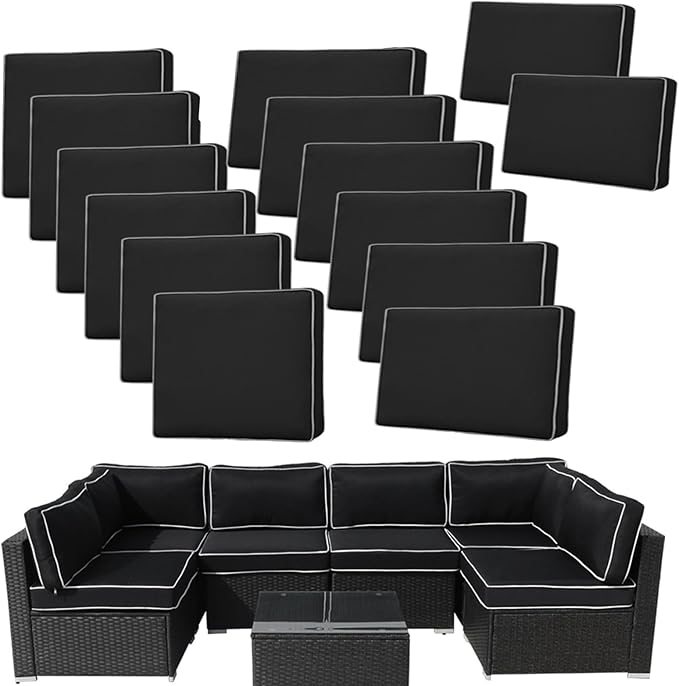 14Pieces Patio Cushion Covers Replacement,Outdoor Couch Cushions Covers Waterproof Furniture Cushion Covers Slipcovers Set with Zippers,Cover Only(Black+White, 25.6×25.6×3.94inches)