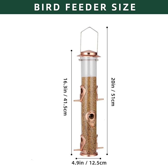 ERYTLLY Metal Bird Feeders 6 Port Tube Bird Feeder for Wild Birds, 1.4mm Extra Thick Solid Tube Transparent with Steel Hanger for Outside