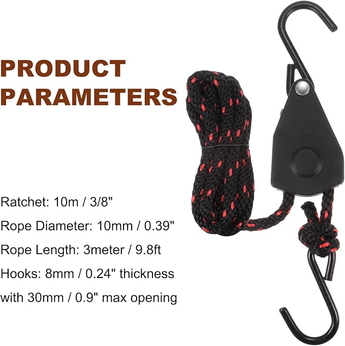 uxcell 3/8" (10mm) Adjustable Rope Hanger with 9.8ft (3meter) Ratchet Tie Down Strap, Ratcheting Pulley System Bungee Cord for Hanging Plants Grow Light and Various Tie-Down Uses