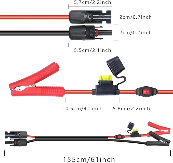 RIIEYOCA 14AWG Battery Alligator Crocodile Clip to Solar Connector Extension Cable,Solar Adapter to Alligator Clips Charging Cable with Switch and Fuse(1.5M)