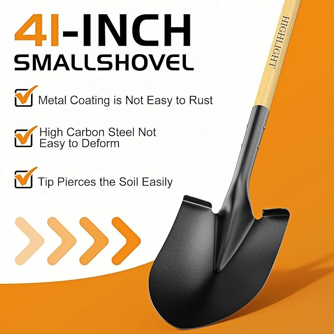 Heavy Duty Garden Shovel for Digging, 41 Inch Round Point with D-Handle, Cold Rolled Steel Blade - for Edging, Trenching, Transplanting, Snow Removal - Wood Handle for Camping, Beach, Car Emergency