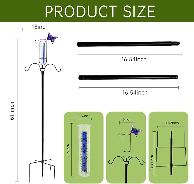 61" Shepherds Hook with Rain Gauge Outdoor, 3/4 Inch Thick Bird Feeder Pole with 5-Prong Base, Metal Rain Gauge Stake with Blue Stripe & Large Numbers, Tall Shepherds Hooks for Yard Garden Decor