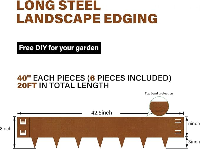 Cor-Ten Steel Landscape Lawn Edging, 40" L x 8" H,6 Pack Steel Edging for Landscaping,Metal Landscape Edging, Metal Edging for Landscaping(180 Degree Bend, Rusted)