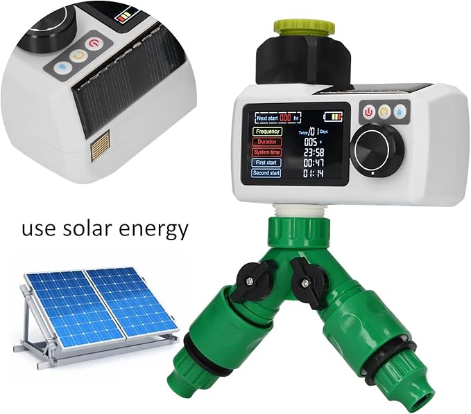 Solar Irrigation Timer, Rain Detection Solar Powered Digital Watering Timer Double Connector IP68 Automatic Watering System for Lawn Garden Courtyard Greenhouse