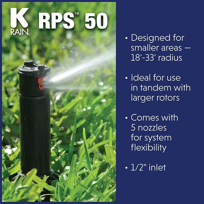 K-Rain RPS50 1/2" Gear Drive Rotor 4" Pop-Up, 18' - 33' Spray Distance, 20-70 PSI, 40 - 360 Arc Spray Pattern, Stainless Steel, Silver, Automatic Lawn Sprinkler Head, Includes Install Kit (5 Pack)