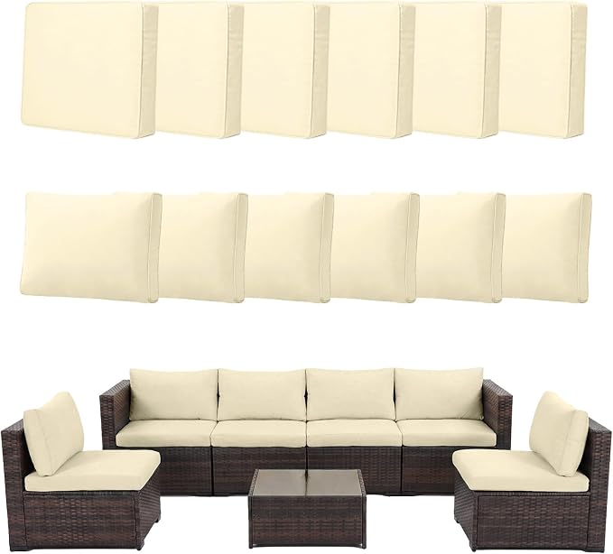 12pcs Outdoor Patio Cushion Covers Replacement, 24" Zippered Outdoor Cushion Covers Waterproof, UV Resistant & Washable Patio Furniture Cushion Covers Waterproof for Patio Sectional, Covers Only Beige