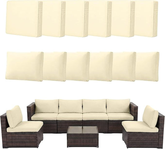 12pcs Outdoor Patio Cushion Covers Replacement, 25.6" Zippered Outdoor Cushion Covers Waterproof, UV Resistant & Washable Patio Furniture Cushion Covers Waterproof for Patio Sectional, Beige