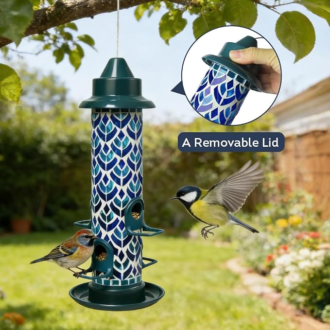 Lily's Home Blue Mosaic Tube Bird Feeder - Attracts Small Birds - 4 Feeding Ports, 3 or 4 Cups Capacity & 6'' Hanging Wire - Tube Bird Feeders for Outdoors Garden - Easy Refill - Twist-Off Cap