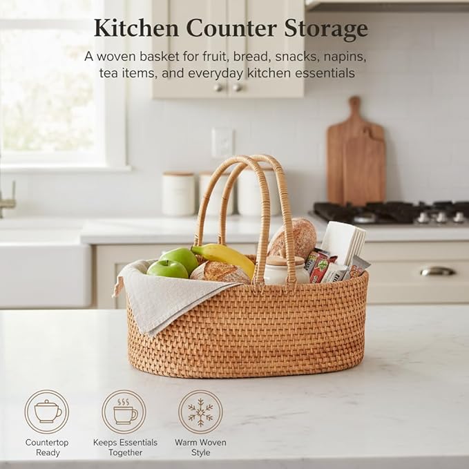 Handwoven Rattan Storage Basket with Handles, Natural Wicker Decorative Basket for Kitchen Counter, Pantry Organization, Floral Arrangement, Gift Packaging & Home Decor