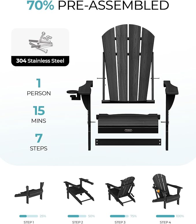 Ciokea Folding Adirondack Chair 6 Pack, Patio Adirondack Chair Weather Resistant, Plastic Fire Pit Chair with Cup Holder, Lawn Chair for Outdoor Porch Garden Backyard Deck (Black)