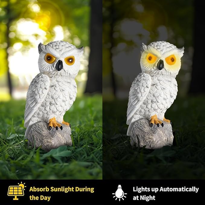 1 KINGO Fake Owl Decoy with LED Eyes & Ultrasonic Deterrent, Scarecrow Owl Decoys to Scare Birds Away, Bird Deterrents for Outside, Solar Powered Bird Repellent Devices Outdoor, Resin Garden Statues