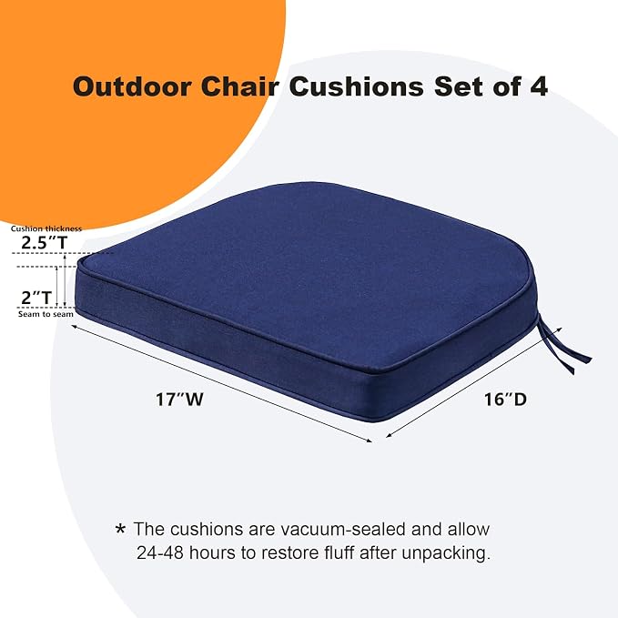 Unimatta Round Corner Seat Cushions, 17" x 16" x 2", Set of 4, Indoor Outdoor Water Repellent Universal Chair Pads with Ties for Patio Furniture, Garden Deck Dining Chairs, Navy
