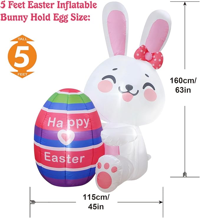 Easter Inflatables White Bunny Rabbit Hold Colorful Egg Lighted Easter Blow Up Decoration Yard Garden Lawn Outdoor Decoration Front Door Holiday Decor