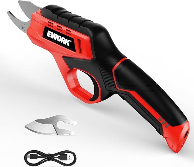 EWORK Cordless Electric Pruning Shears 4.2V Rechargeable 4000mAh Battery, 0.7 Inch Cutting Diameter, 2 SK5 Blades Tool-Free Replacement, Handheld Pruner for Garden Tree Branch Trimming
