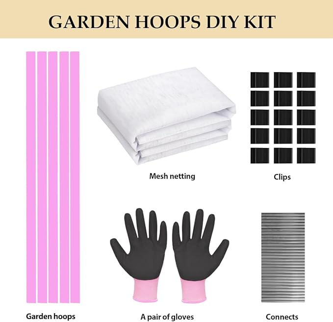 Garden Hoops with Mesh Netting, Sunwuk Pink Greenhouse Hoops for 2.5-5.5ft Wide Raised Beds, Small Garden Tunnel Hoops for Row Cover, 5 Sets of 5.6ft Long Fiberglass Support Hoops Frame, 20pcs M Size