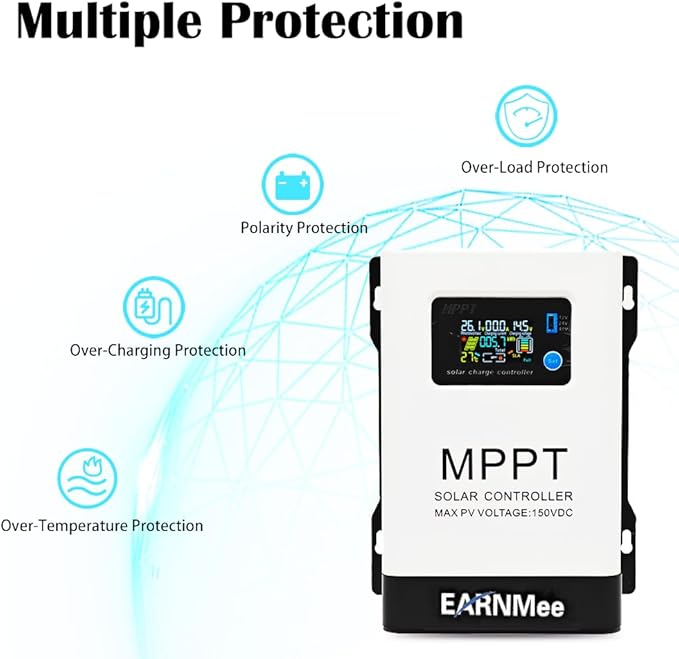 60A MPPT Solar Charge Controller, 18-150VDC PV Input, 12V/24V/48V Adjustable Output(Manual), Ideal for RV, Large Solar Systems, Compatible with Mono/Poly Panels & Lead-Acid/Lithium Batteries