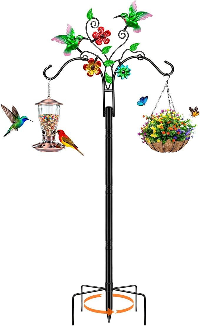 Double Shepherds Hooks for Outdoor, 78 Inch Bird Feeder Pole with 5 Prongs Base, Adjustable Heavy Duty Plant Hangers Hummingbird Art for Outdoor Plants Hummingbird Feeder Hanging Baskets Lantern
