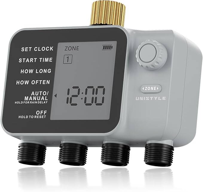 [All-New 2027] 4 Zone Sprinkler Timer with Brass Inlet, Unistyle 4 Outlet Programmable Water Timer for Garden Hose with Rain Delay, Manual Watering Automatic Irrigation Hose Timers for Yard Lawn Patio