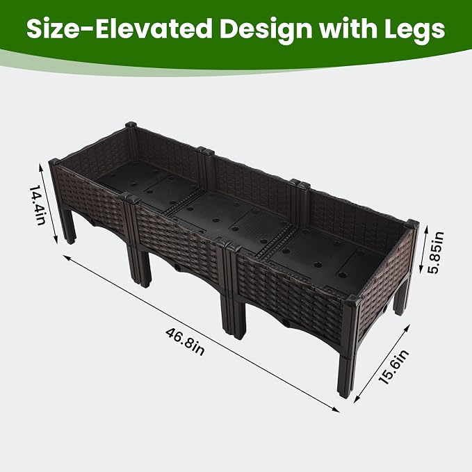 3Pcs Plastic Raised Garden Bed,46.8"×15.6"×14.4" Elevated Wicker Planter Box with Self-Watering System, Plants Garden Boxes with Legs for Growing Fresh Vegetables,Fruit,Flowers and Herbs