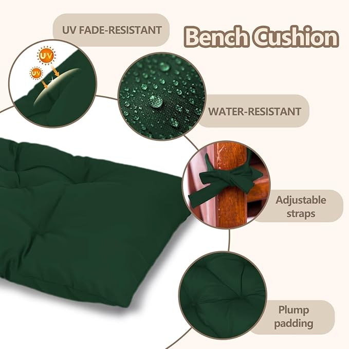 Yddsky 47.3 in Waterproof Indoor/Outdoor Garden Bench Seat Cushions，Thicken Patio Bench Soft Rocking Chairs Pad Lounger Seat for Wicker Loveseat Settee（47.3 X 19.6 X 3.16 in Dark Green）