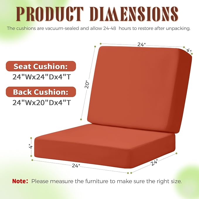 Deep Seat Patio Cushions Set of 2, 24x24 Inch Waterproof & Fade Resistant Outdoor Chair Cushions, Thick Padded Replacement Sofa Cushions for Garden Yard Furniture