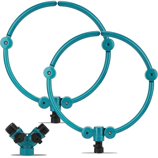 2Pcs 360° Tree Water System Tree Watering Ring 13 Inch Circle Sprinkler and Irrigation System Targeted Water with Y Hose Splitter for New Tree Outdoor Plants Raised Garden Beds Shrubs (Green, Small)