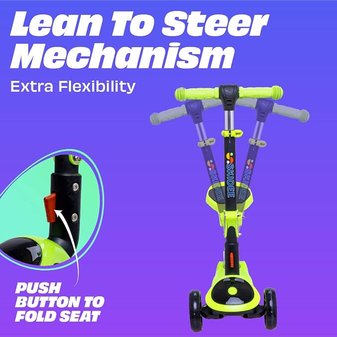 SKIDEE Kick Scooter for Kids Ages 3-5 | Foldable 3 Wheel Scooter with Lean-to-Steer, Adjustable Height, Removable Seat & LED Light Wheels | Toddler Scooter Up to 12 Year Old Boys/Girls