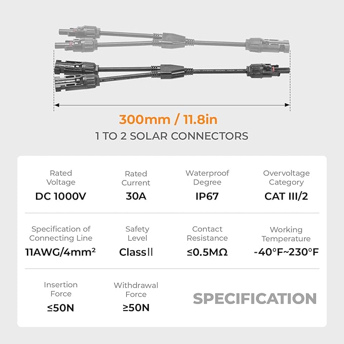 Solar Panel Connector 2 to 1 Solar Splitter 2 Way 1000V Y Branch Cable 1 to 2 Solar Panel Parallel Connectors Parallel Adapter (5 Pair 2 to 1)