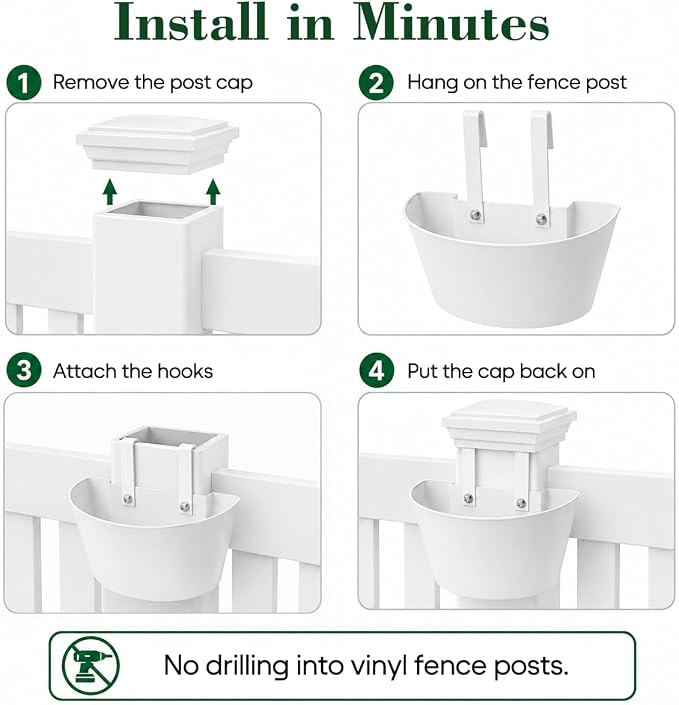 2 Pack White Metal Fence Post Planter for 4x4 & 5x5 PVC Vinyl Fence, No-Drill Hanging Flower Pots for Outdoor Plants, Flush Fit Planters with Drainage for Garden Yard Outdoor Decor