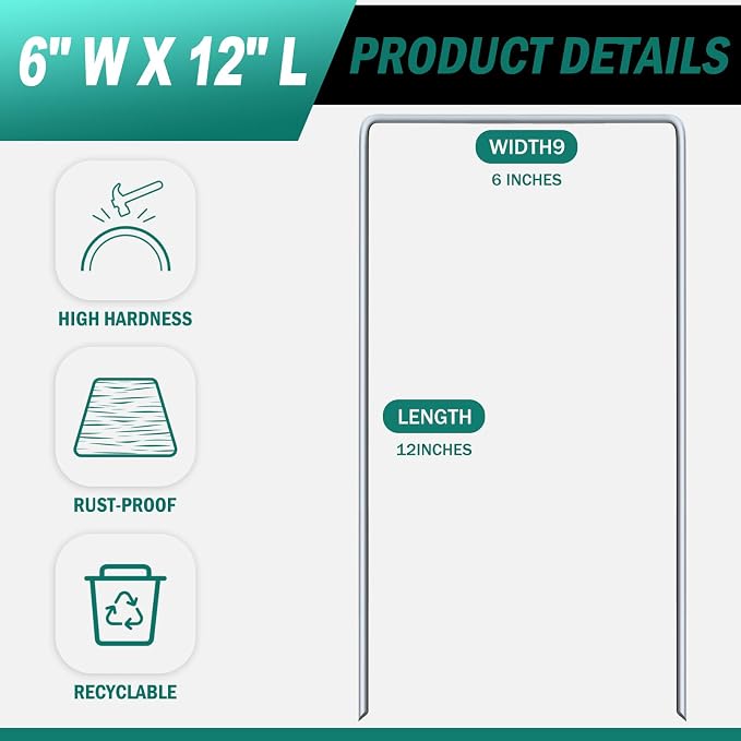 Wonderjune 30 Pack Heavy Duty Wide Landscape Staples, 7 Gauge Galvanized Steel Turf Stakes Garden Stakes Bulk, U Type Anchor for Grass, Securing Weed Barrier Fabric, Pipes, Sod (12"x6")