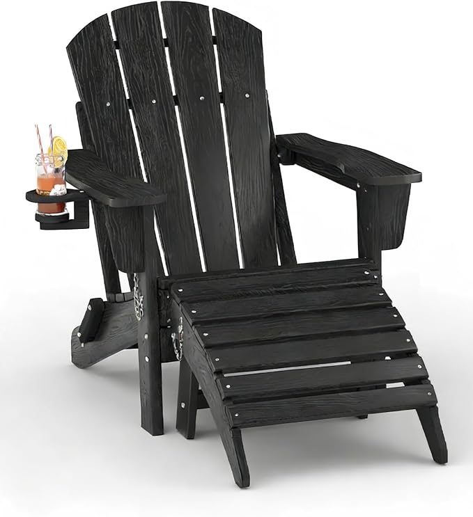 GarveeLife Folding Adirondack Chair Set of 2 with Ottoman, All-Weather HDPE Outdoor Chair, Wooden Textured with Cup Holder for patios, Decks, Gardens, fire pits, Black