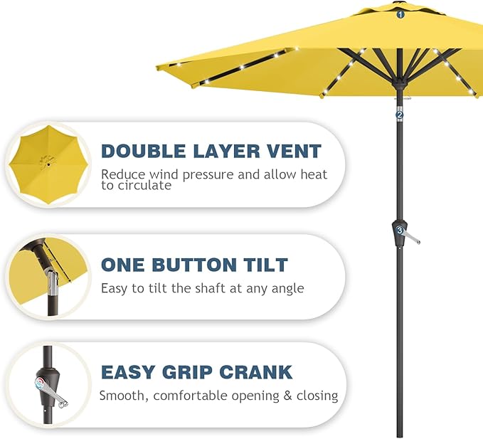 9FT Patio Umbrella with Solar Lights,Outdoor Market Umbrella with Tilt and Crank, LED Lighted Table Umbrella for Garden,Deck,Backyard,Pool,Beach