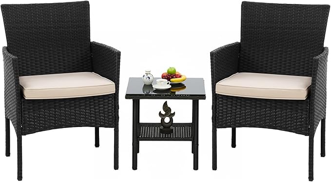 FDW 3 Pieces Patio Furniture Set Outdoor Wicker Bistro Sets Modern Rattan Chair Conversation Sets with Coffee Table for Yard Backyard Lawn Porch Poolside Balcony,Khaki Cushion
