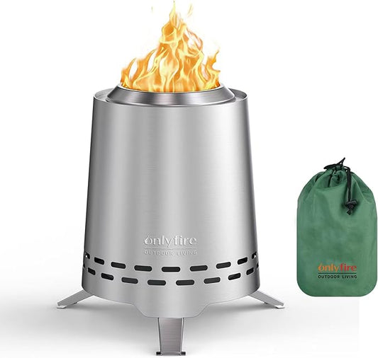 2 in 1 Portable Fire Pit with Pot Bracket & Carry Bag, 9” Tabletop Fireplace, Wood Burning Camping Stove for Patio Backyard RV Tailgating, Stainless Steel, Silver FP045