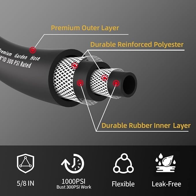Heavy Duty Premium Garden Hose 200ft x 5/8", 300PSI Working, 1000PSI Burst, Hybrid Rubber Water Hose with Transparent Swivel Handle - Hot/Cold Water - Five Layered Braiding with Brass fittings (Black)