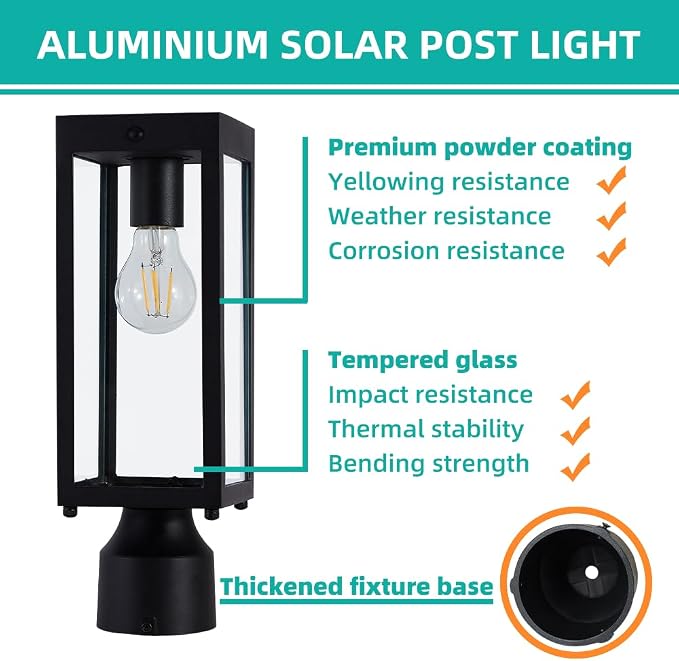 Solar Lamp Post Light Outdoor 14.5", Waterproof Dusk to Dawn Solar Post Light, Matte Black, for Yard Garden Driveway Patio