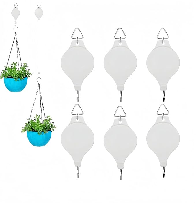 6PCS Retractable Plant Pulley Hanger - Adjustable Height Hook for Hanging Flower Baskets, Pots & Bird Feeders(6Pcs-White)
