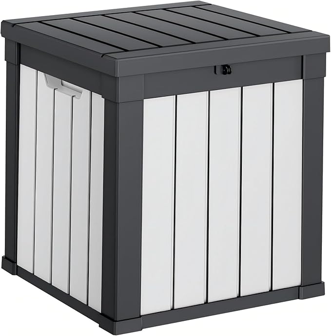 50 Gallon Resin Deck Box with Lockable Lid - Outdoor Waterproof Storage for Patio Furniture, Garden Tools, Cushions & Pool Accessories, Wood Grain Design, All-Weather Durable