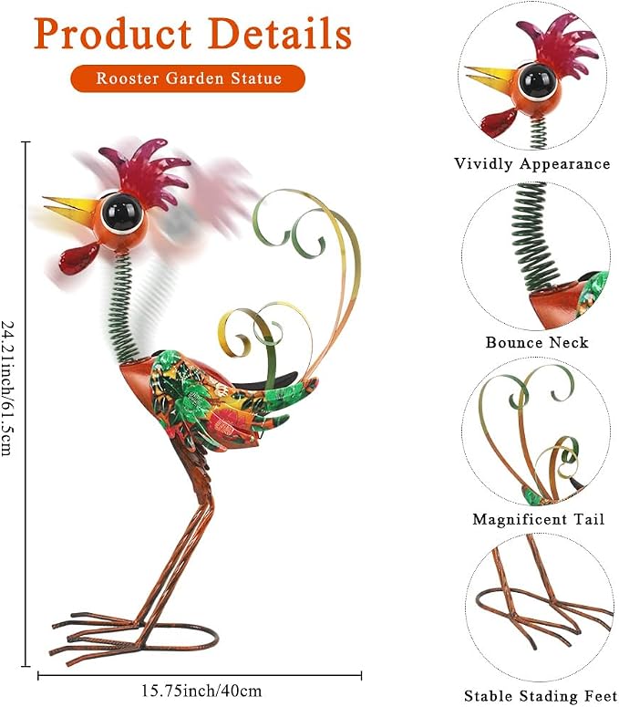 Metal Wacky Rooster Garden Statue, 24'' Rooster Decor Yard Statue Decorations Outdoor, Chicken Yard Art for Outside, Patio, Backyard, Lawn(Red)